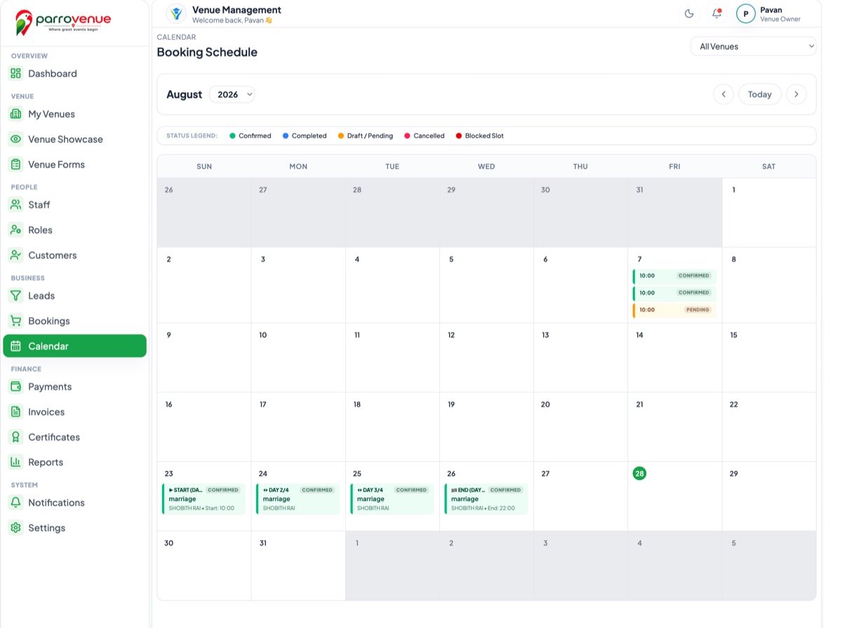ParroVenue Master Booking Calendar Preview