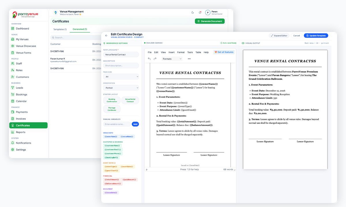 ParroVenue Custom Certificates & Visual Design Studio Preview